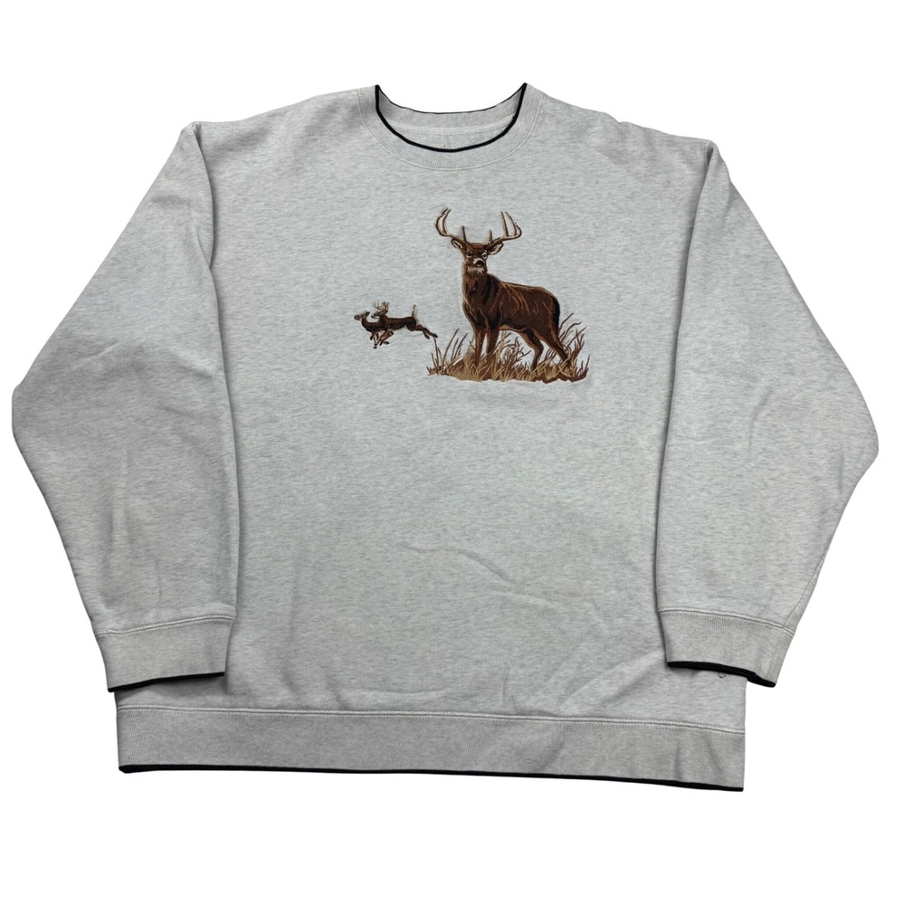 Vintage Embroidered Deer Buck Sweatshirt Gray Crewneck RN 73277 Mens XL